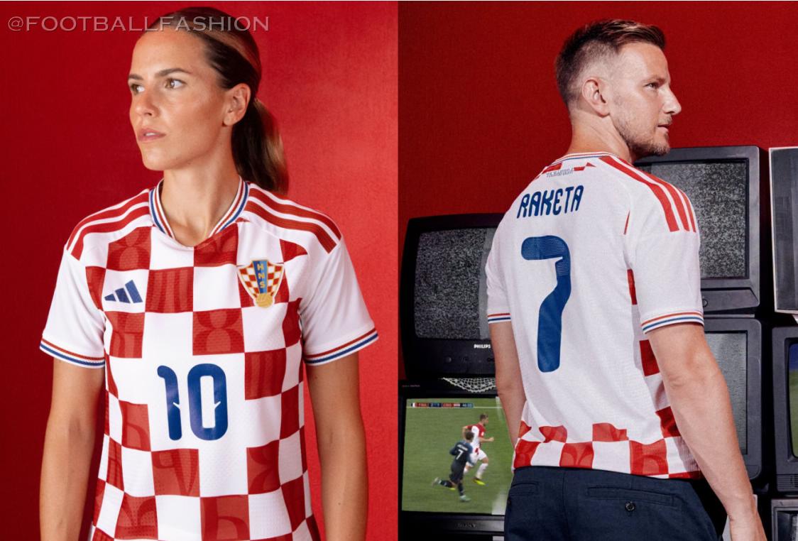 The official adidas Croatia 2026/27 jersey collection featuring the red-and-white home shirt and deep blue away kit.