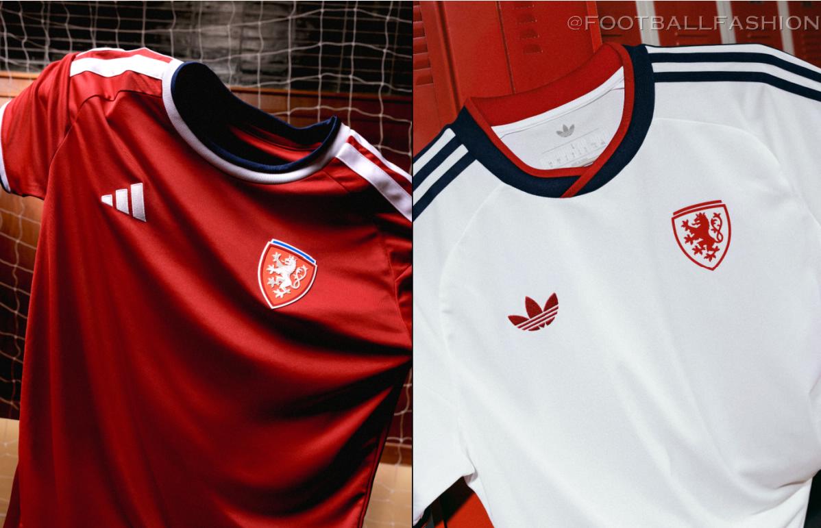 Czechia 2026/27 adidas home and away jerseys, red home shirt with white three-stripe shoulders and white away shirt with navy stripes and red Originals logo