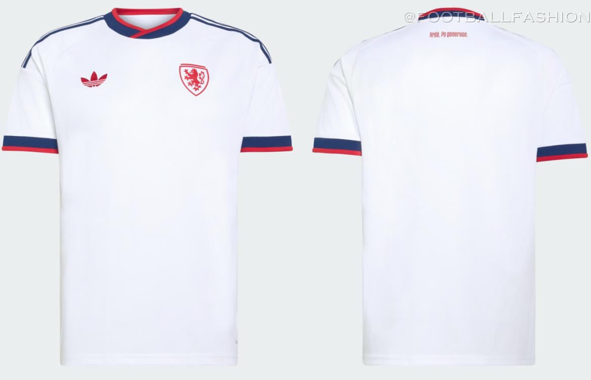Czechia 2026/27 adidas home and away jerseys, red home shirt with white three-stripe shoulders and white away shirt with navy stripes and red Originals logo