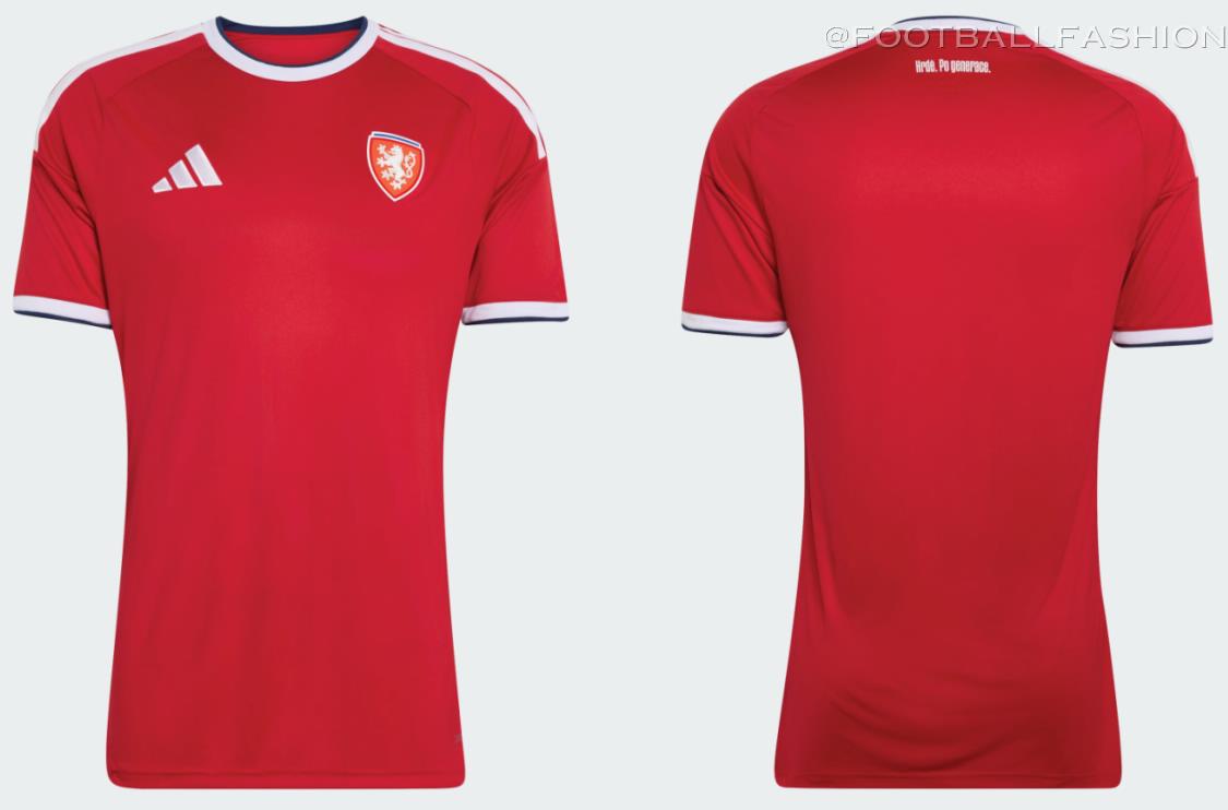 Czechia 2026/27 adidas home and away jerseys, red home shirt with white three-stripe shoulders and white away shirt with navy stripes and red Originals logo