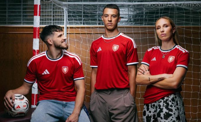 Czechia 2026/27 adidas home and away jerseys, red home shirt with white three-stripe shoulders and white away shirt with navy stripes and red Originals logo
