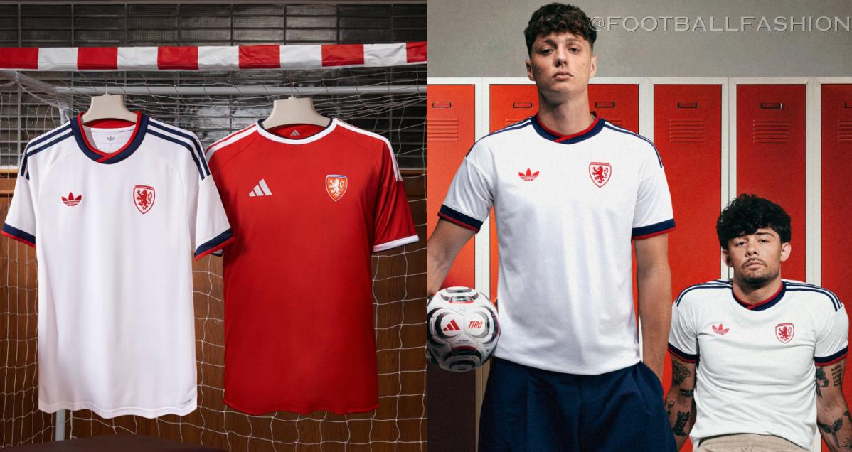 Czechia 2026/27 adidas home and away jerseys, red home shirt with white three-stripe shoulders and white away shirt with navy stripes and red Originals logo
