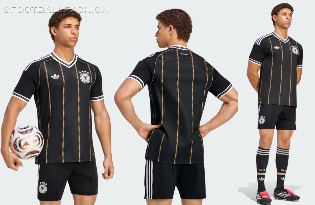 The black Germany 2026 Jersey featuring vertical gold diamond lines, white Trefoil logo, and four-star DFB badge.