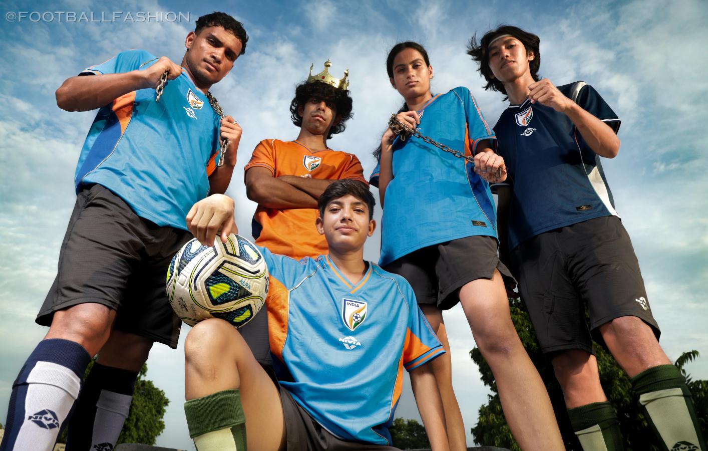 Football players modeling the light blue, dark blue, and orange Nivia India 2026/27 Jersey collection.