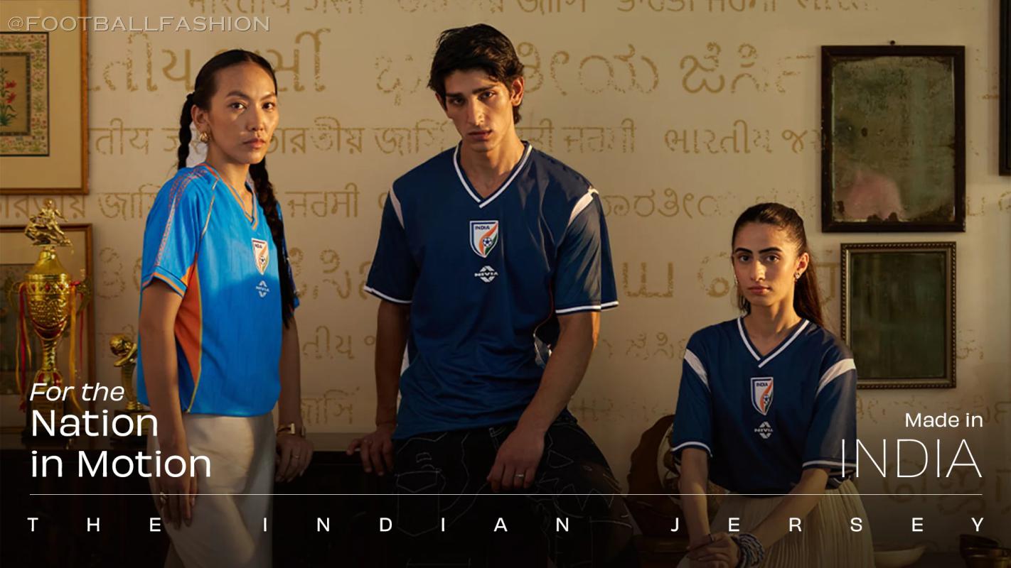 Football players modeling the light blue, dark blue, and orange Nivia India 2026/27 Jersey collection.