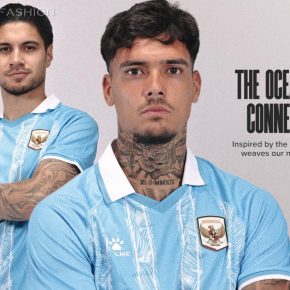 Indonesia 2026/27 Kelme Third Kit, a blue jersey with white stripes featuring melati putih details and a white polo collar.