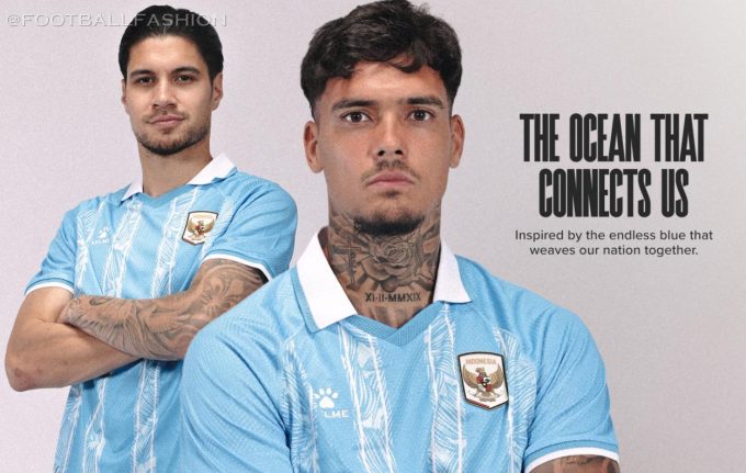 Indonesia 2026/27 Kelme Third Kit, a blue jersey with white stripes featuring melati putih details and a white polo collar.