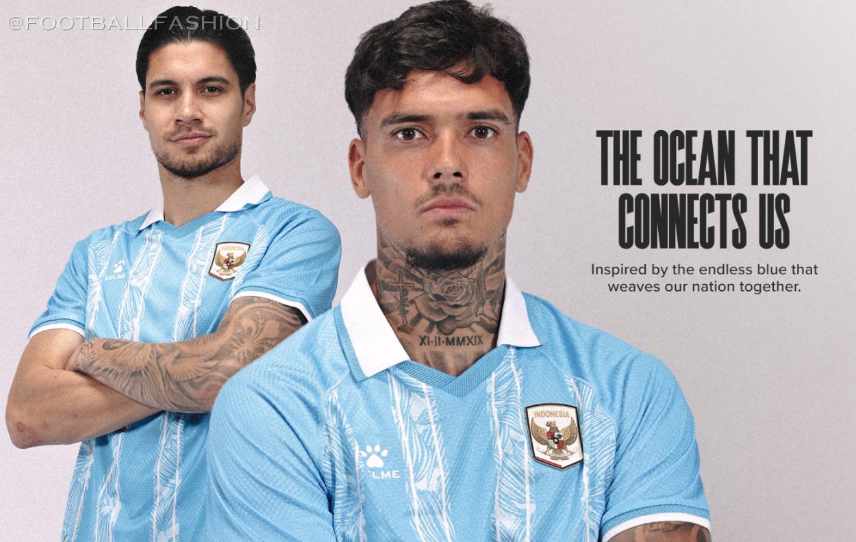Indonesia 2026/27 Kelme Third Kit, a blue jersey with white stripes featuring melati putih details and a white polo collar.