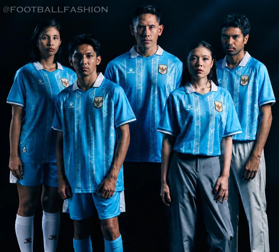 Indonesia 2026/27 Kelme Third Kit, a blue jersey with white stripes featuring melati putih details and a white polo collar.