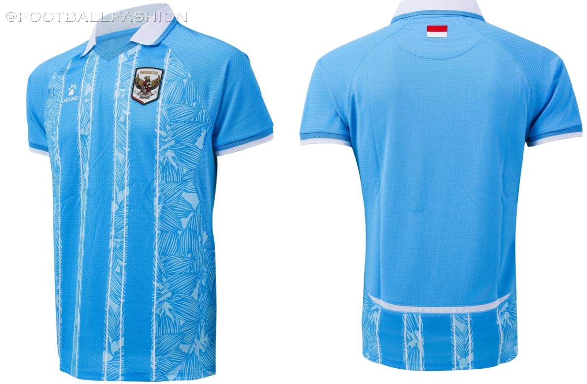 Indonesia 2026/27 Kelme Third Kit, a blue jersey with white stripes featuring melati putih details and a white polo collar.