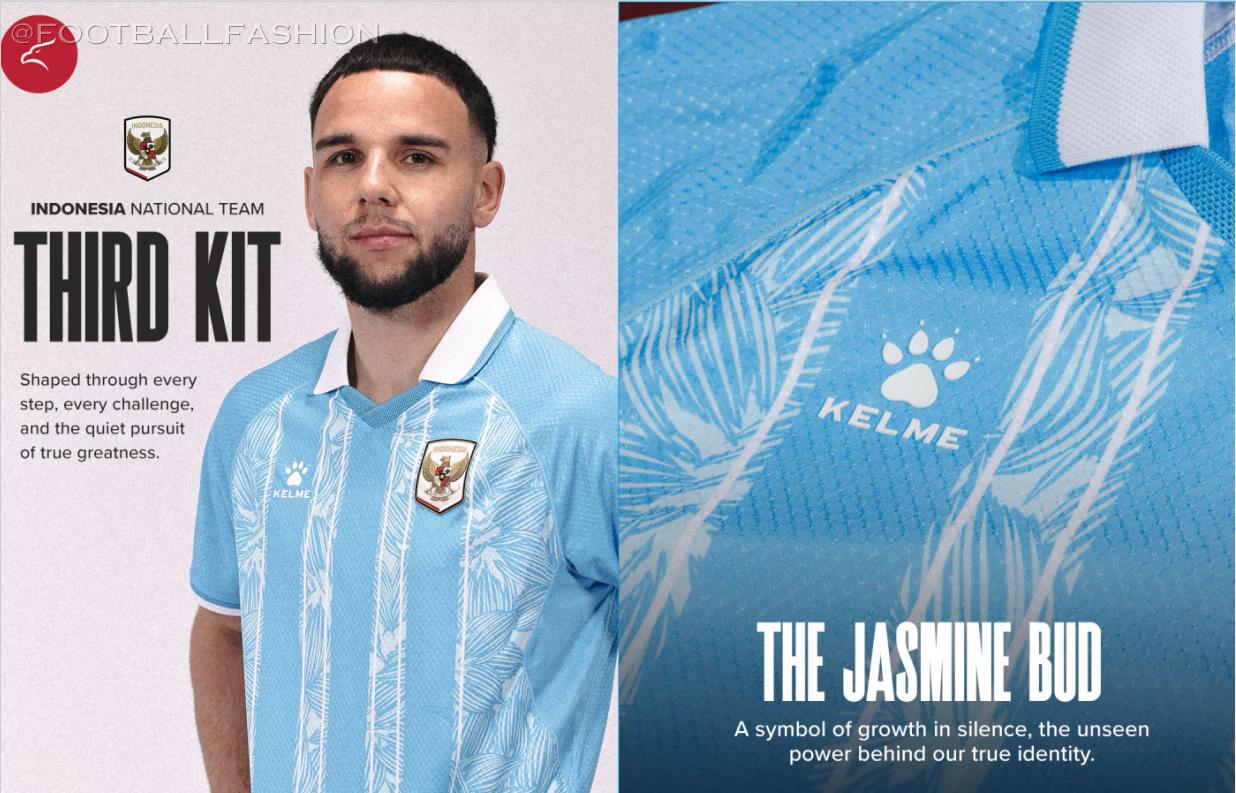 Indonesia 2026/27 Kelme Third Kit, a blue jersey with white stripes featuring melati putih details and a white polo collar.