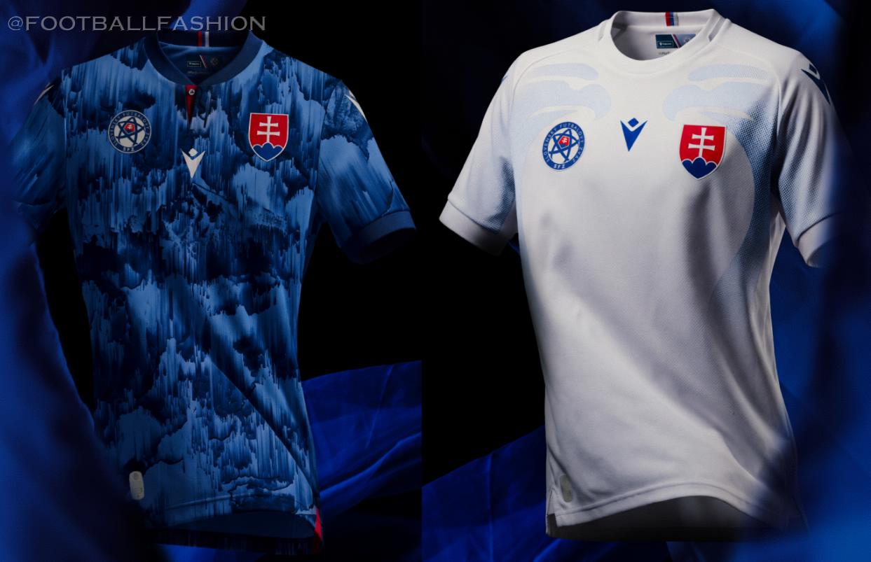 Front view of the new Macron Slovakia 2026/27 Jersey showcasing the blue home kit and white away kit designs