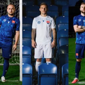 Front view of the new Macron Slovakia 2026/27 Jersey showcasing the blue home kit and white away kit designs