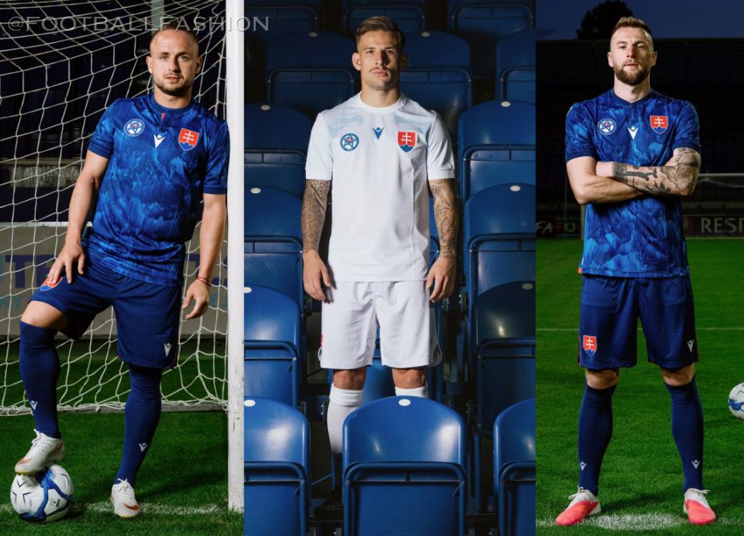 Front view of the new Macron Slovakia 2026/27 Jersey showcasing the blue home kit and white away kit designs