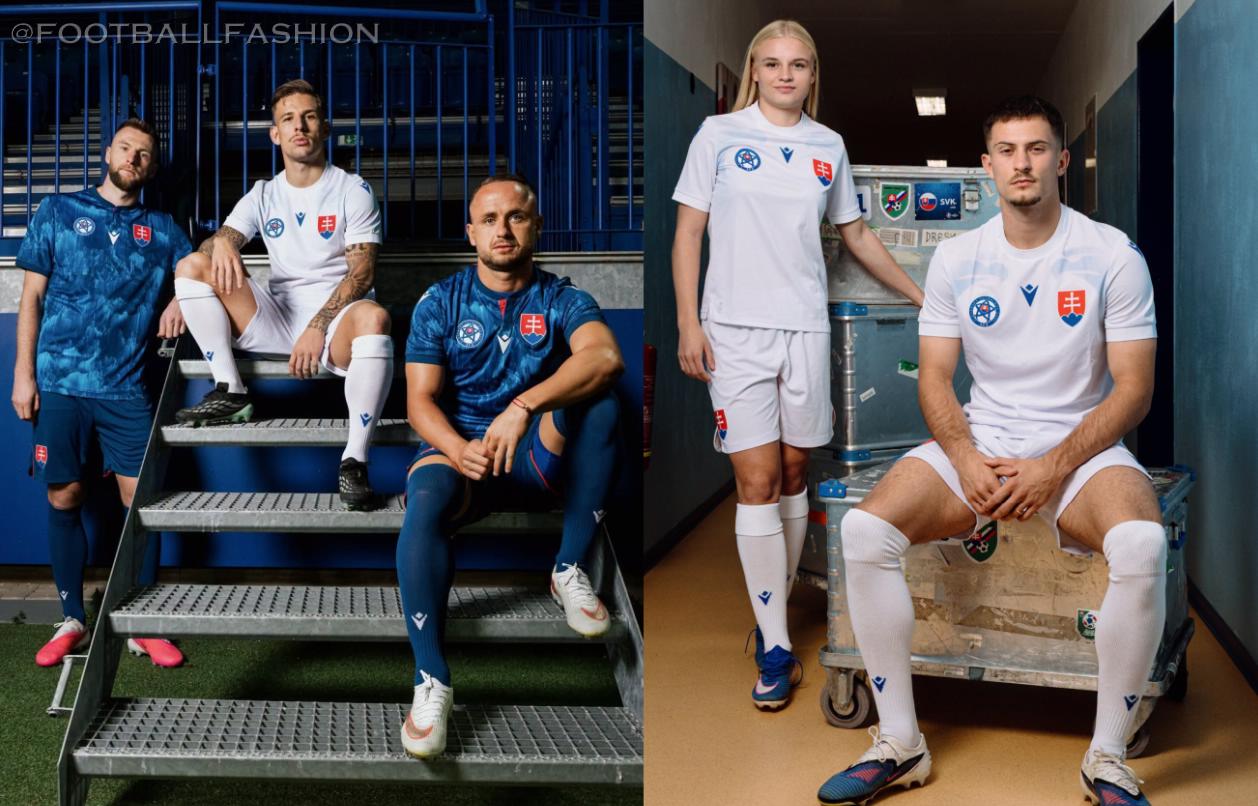 Front view of the new Macron Slovakia 2026/27 Jersey showcasing the blue home kit and white away kit designs