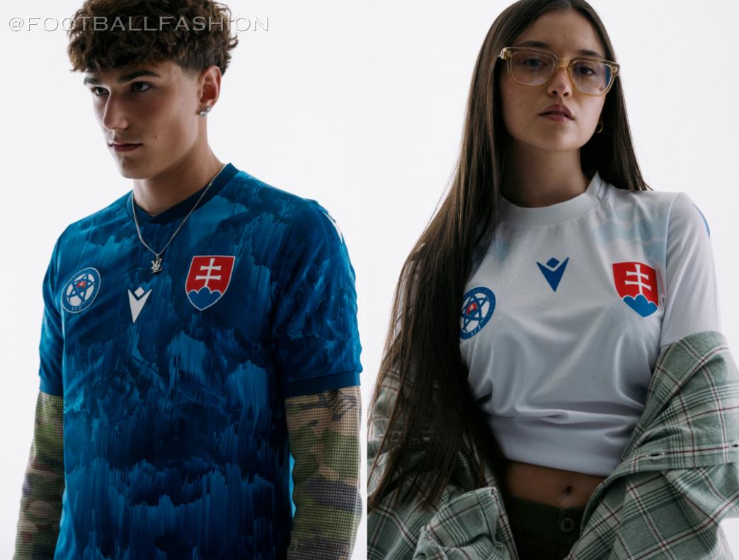Front view of the new Macron Slovakia 2026/27 Jersey showcasing the blue home kit and white away kit designs