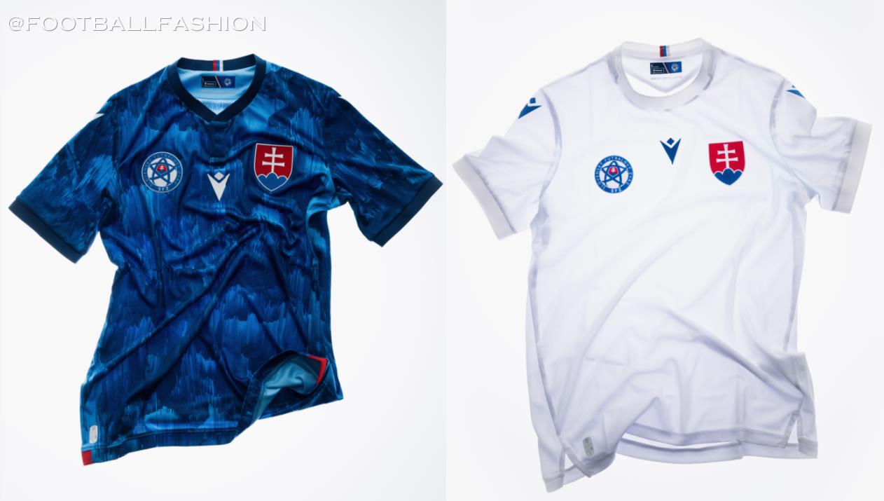 Front view of the new Macron Slovakia 2026/27 Jersey showcasing the blue home kit and white away kit designs
