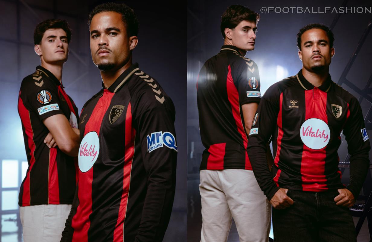 AFC Bournemouth 2026/27 hummel Europa League home jersey featuring gold detailing and passport-inspired tonal pattern