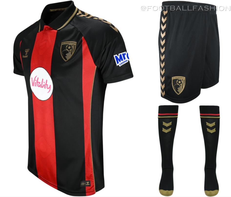 AFC Bournemouth 2026/27 hummel Europa League home jersey featuring gold detailing and passport-inspired tonal pattern