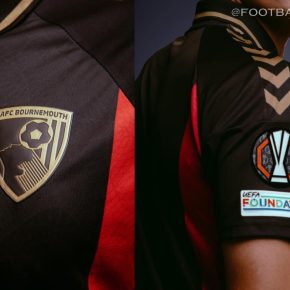 AFC Bournemouth 2026/27 hummel Europa League home jersey featuring gold detailing and passport-inspired tonal pattern