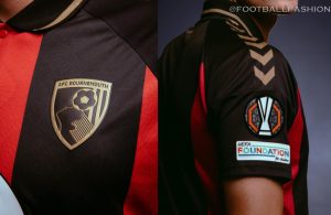AFC Bournemouth 2026/27 hummel Europa League home jersey featuring gold detailing and passport-inspired tonal pattern
