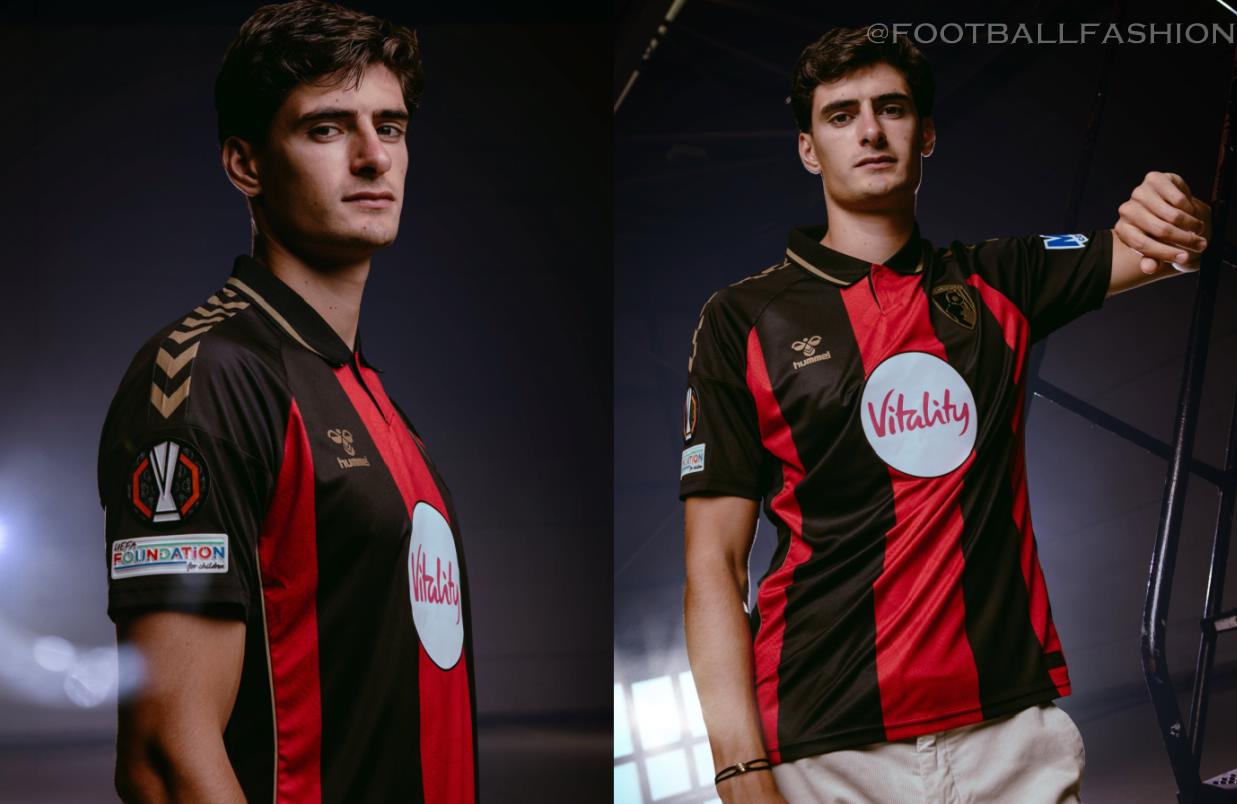 AFC Bournemouth 2026/27 hummel Europa League home jersey featuring gold detailing and passport-inspired tonal pattern
