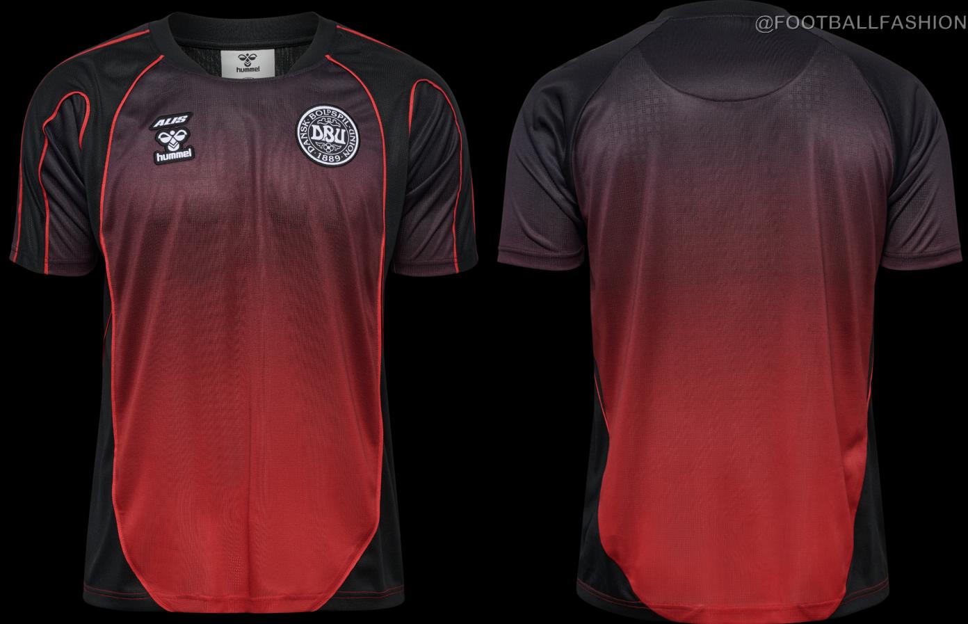 Front view of the Denmark 2026/27 Special Edition jersey by hummel x ALIS featuring a black-to-red gradient and DBU crest.