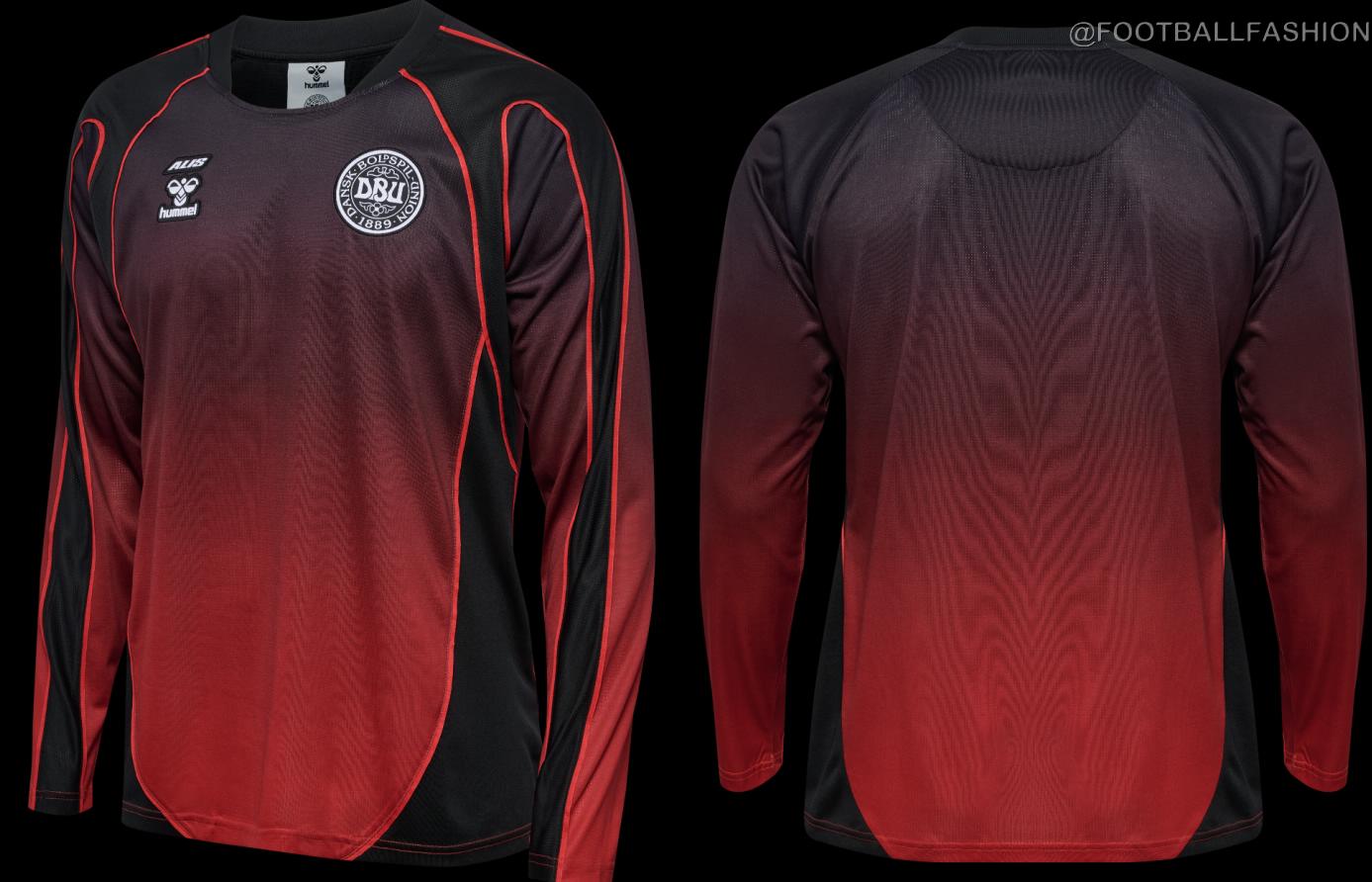 Front view of the Denmark 2026/27 Special Edition jersey by hummel x ALIS featuring a black-to-red gradient and DBU crest.