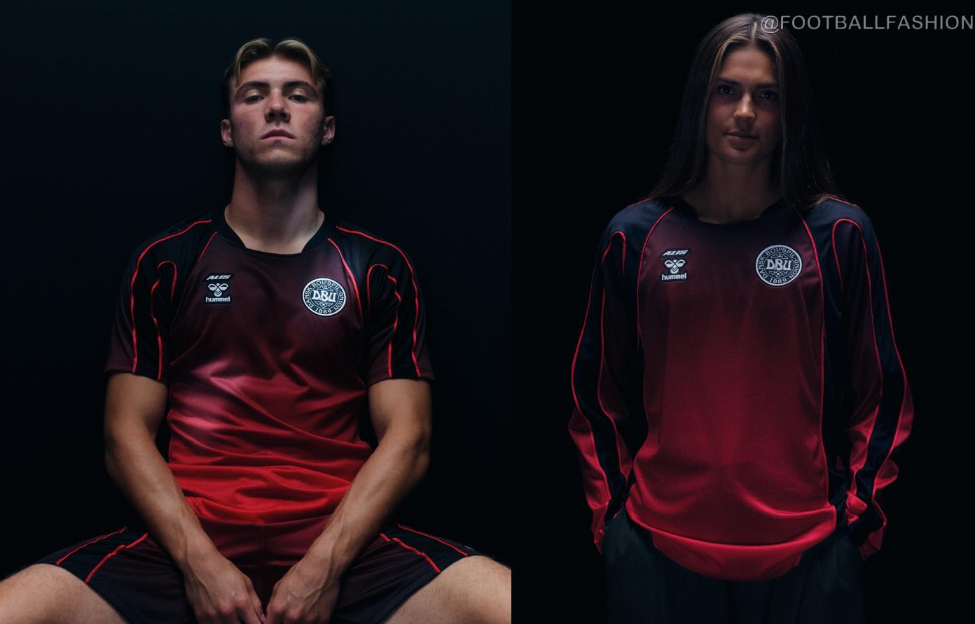 Front view of the Denmark 2026/27 Special Edition jersey by hummel x ALIS featuring a black-to-red gradient and DBU crest.