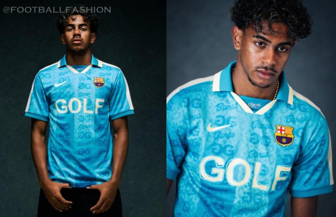 FC Barcelona 2026/27 Jersey featuring turquoise colorway, polo collar, and Nike x GOLF WANG design details.