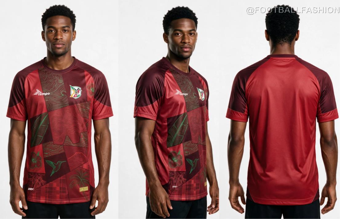 Guadeloupe 2026/27 jersey collection by Tempo featuring the red home, green away and black and gold third kits