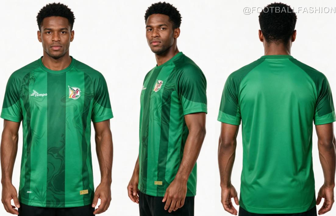 Guadeloupe 2026/27 jersey collection by Tempo featuring the red home, green away and black and gold third kits