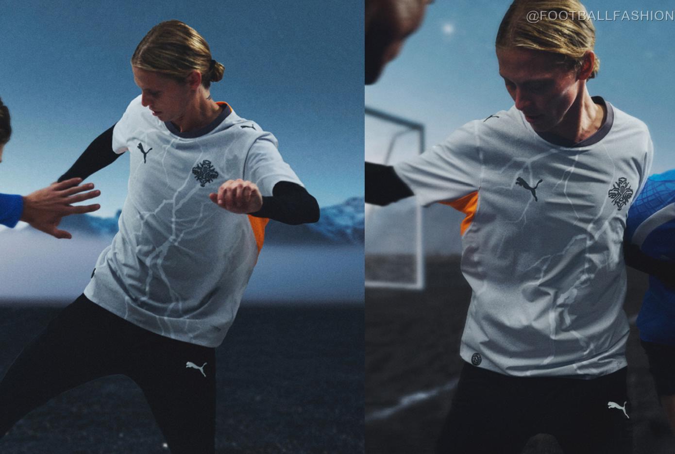 White and grey Iceland 2026/27 away jersey by PUMA featuring volcanic rock patterns and orange accents