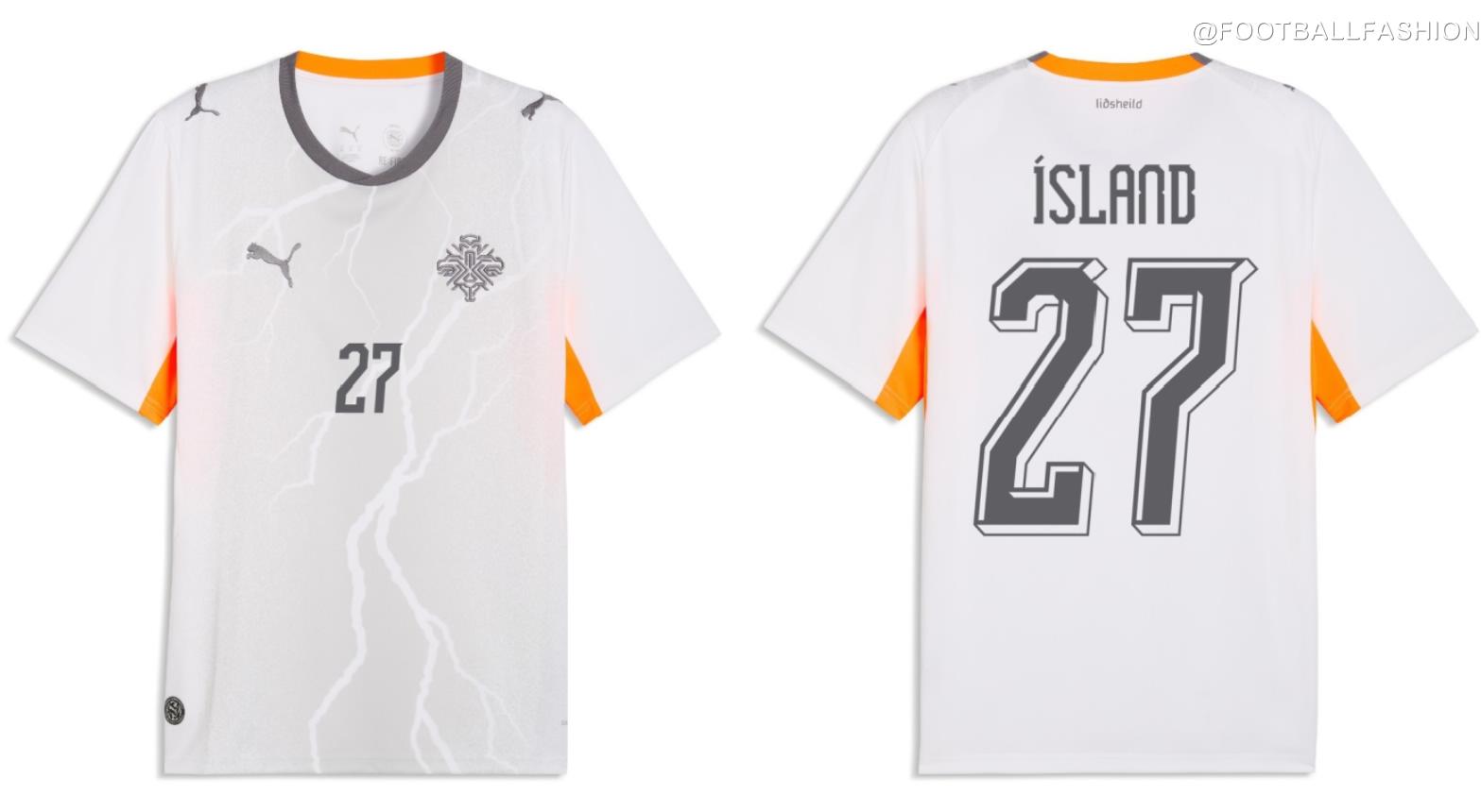White and grey Iceland 2026/27 away jersey by PUMA featuring volcanic rock patterns and orange accents