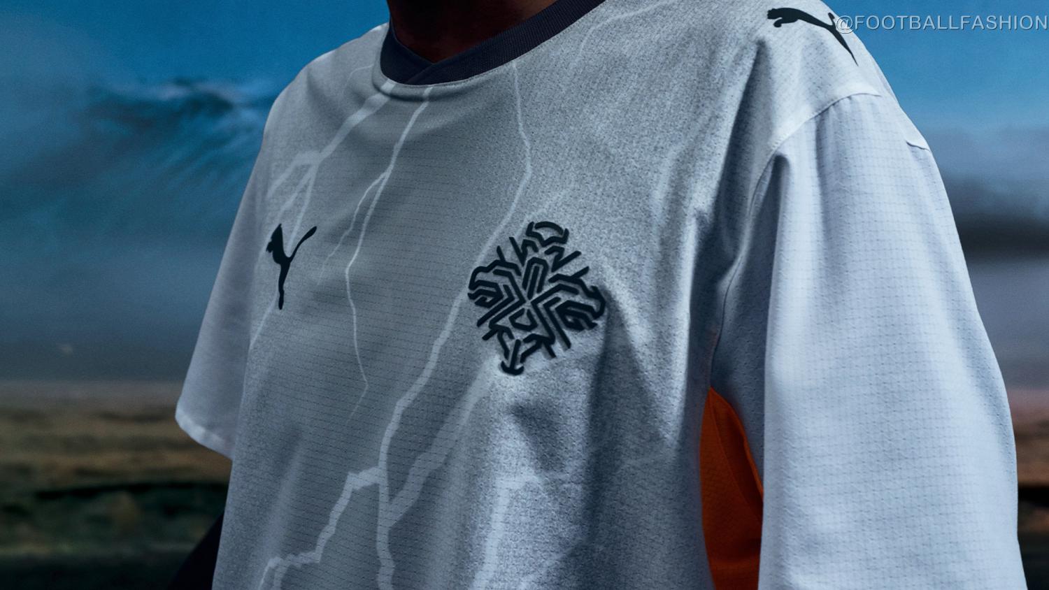 White and grey Iceland 2026/27 away jersey by PUMA featuring volcanic rock patterns and orange accents