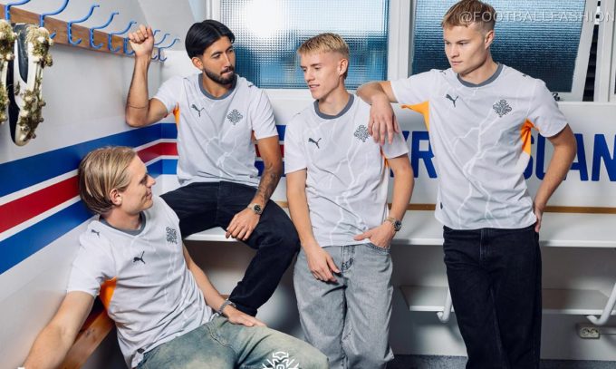 White and grey Iceland 2026/27 away jersey by PUMA featuring volcanic rock patterns and orange accents