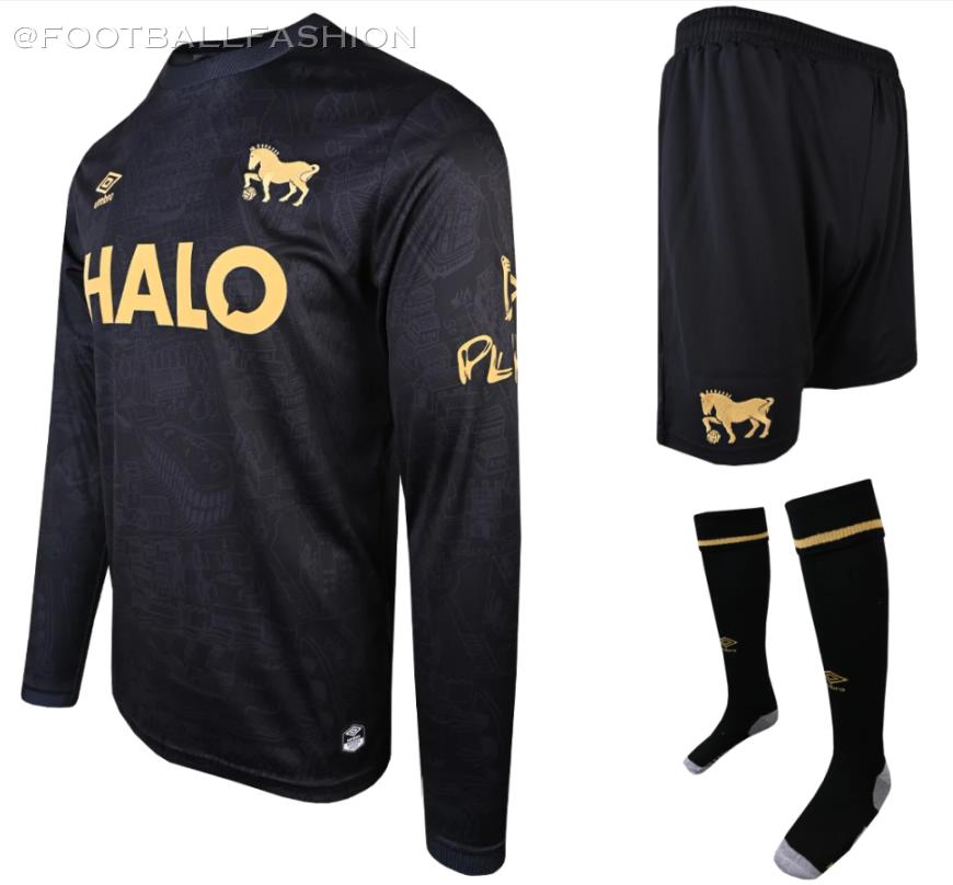 Ipswich Town black and gold Umbro 2026/27 third jersey featuring a Tudor-style map design.