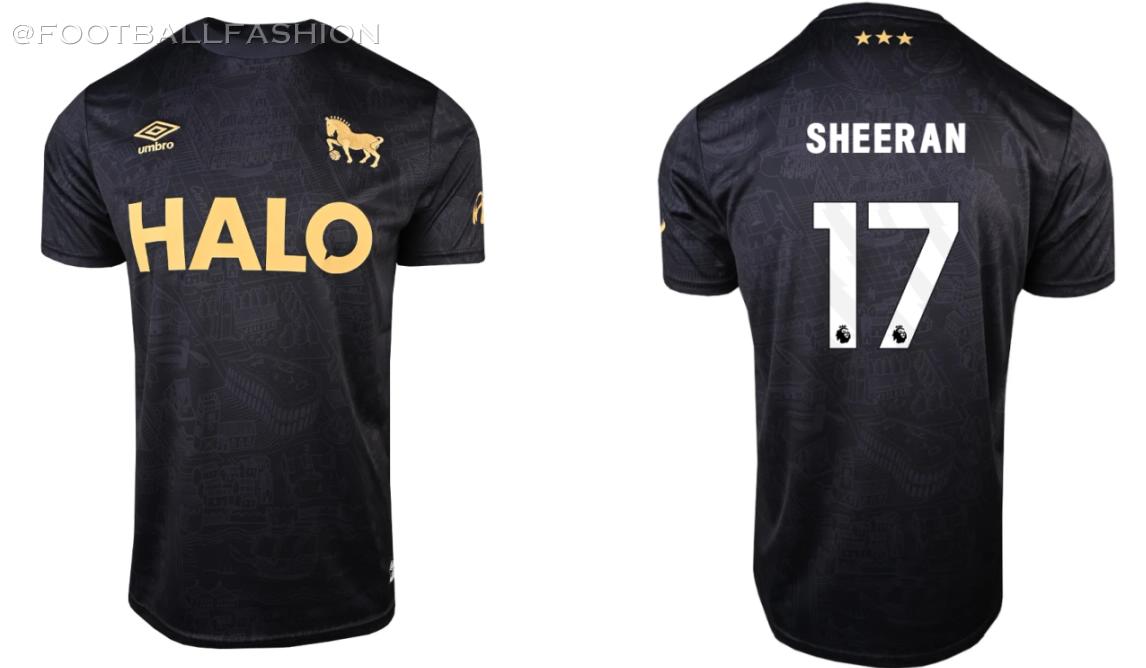 Ipswich Town black and gold Umbro 2026/27 third jersey featuring a Tudor-style map design.