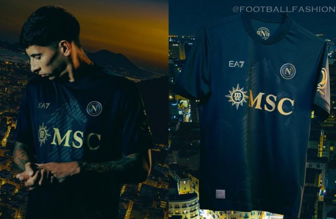 SSC Napoli 2026/27 Jersey featuring the EA7 Euro Third kit in Navy Blue and Gold Sahara Sun